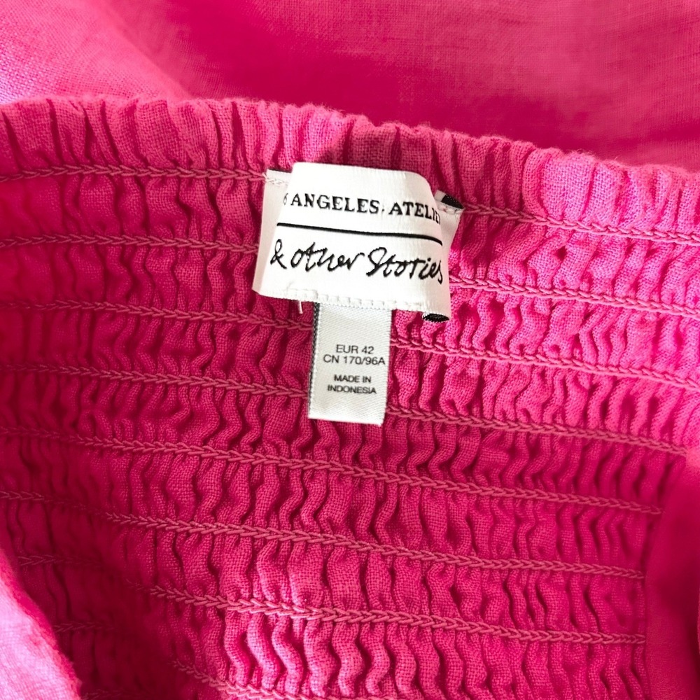 & Other Stories Hot Pink Linen Ruffle Mini Dress Smocked Back Size EUR 42 US 10 - Picture 5 of 6